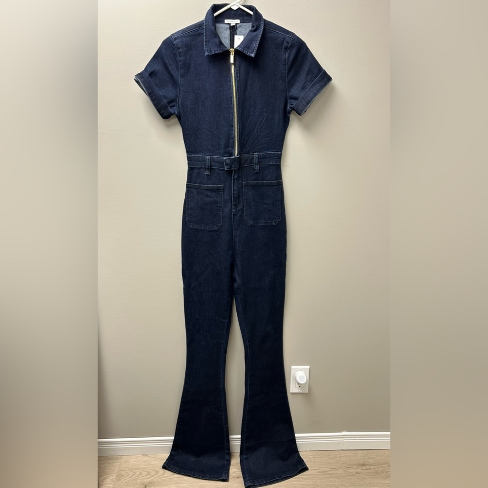 We Wore What Women’s Dark Wash Denim Flare Legged Jumpsuit